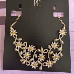 INC Gold-Tone Floral Crystal Necklace in Pearl and Yellow